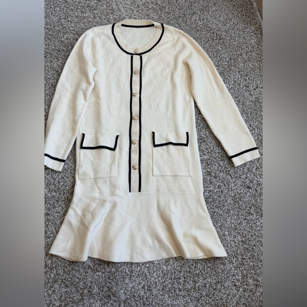 Classic White Crewneck Cardigan Dress with Black Trim